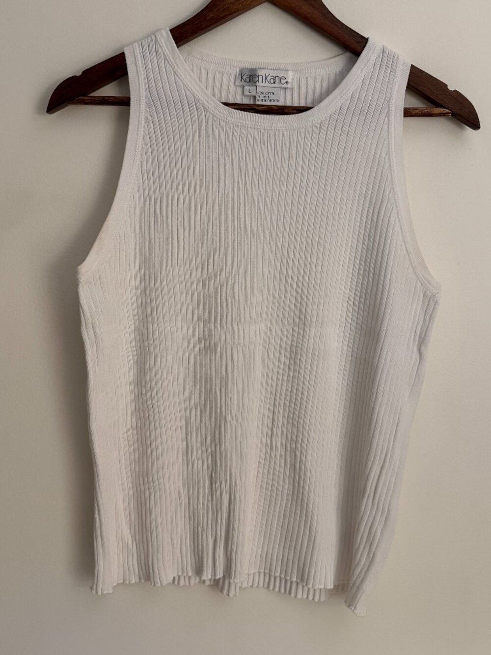 90s Vintage Karen Kane White Ribbed Knit Cotton Tank Top, Size L, Good Cond.